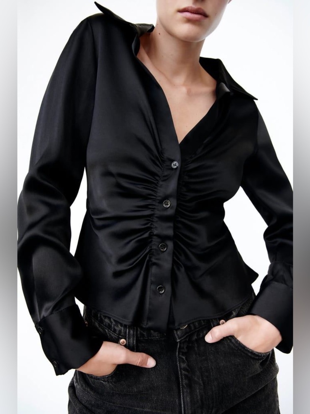 Zara Black Satin Button-Front Blouse